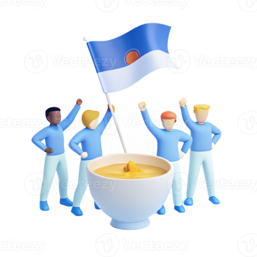Group of Cartoon People Celebrating with a Flag and a Bowl of Soup png