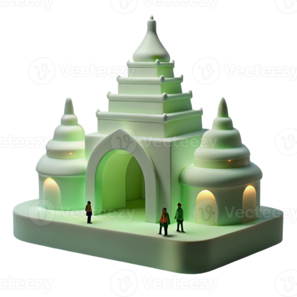 Miniature Green Pagoda with Illuminated Windows and Tiny Figures png
