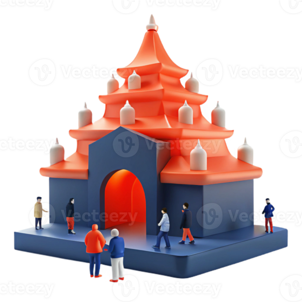 3D Render of a Pagoda with People in Front png