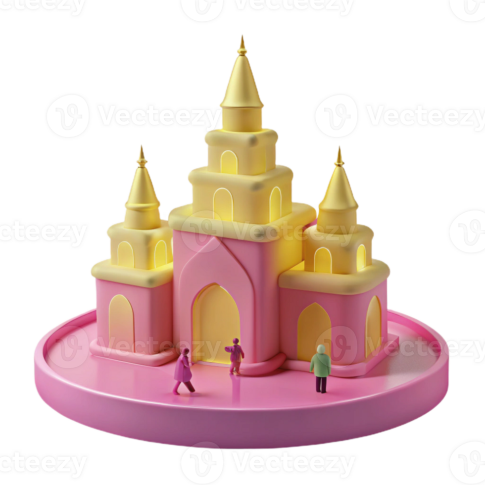 3D Render of a Pink and Yellow Castle with Tiny Figures png