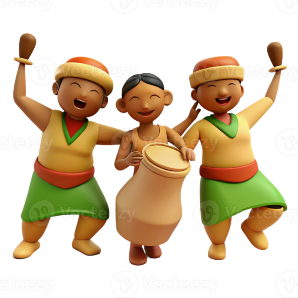Joyful 3D Characters Dancing and Playing a Drum png