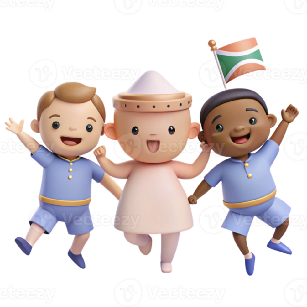 Three Diverse Cartoon Children Jumping and Smiling Together png