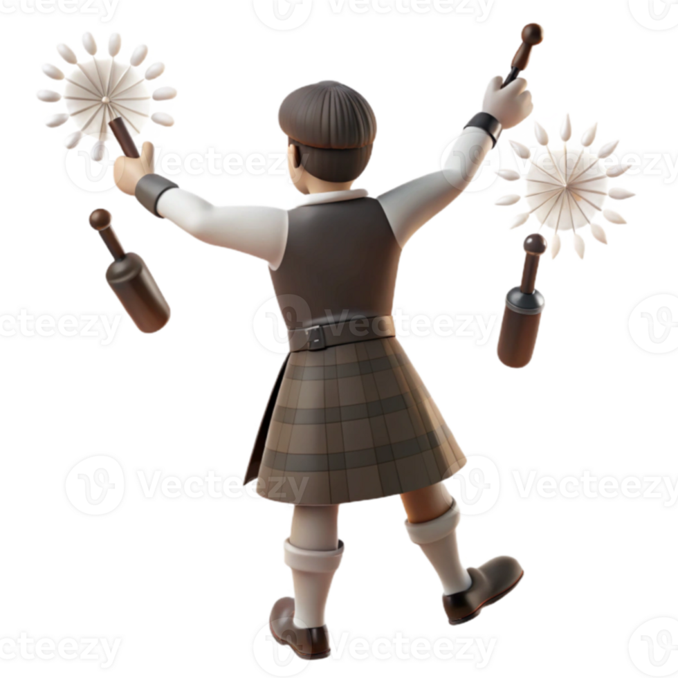 3D Cartoon Juggler in Kilt Juggling Bottles and Fans png