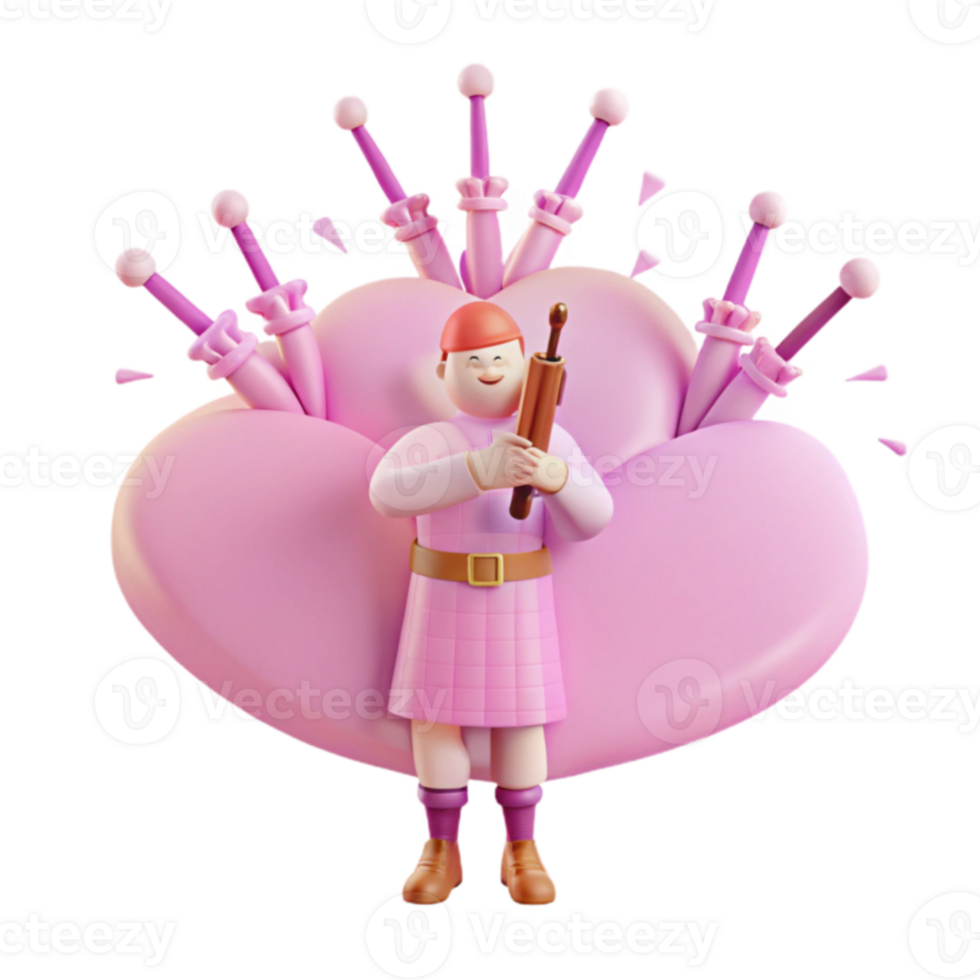 Smiling Cartoon Character Holding a Scroll in Front of a Pink Heart Shape png