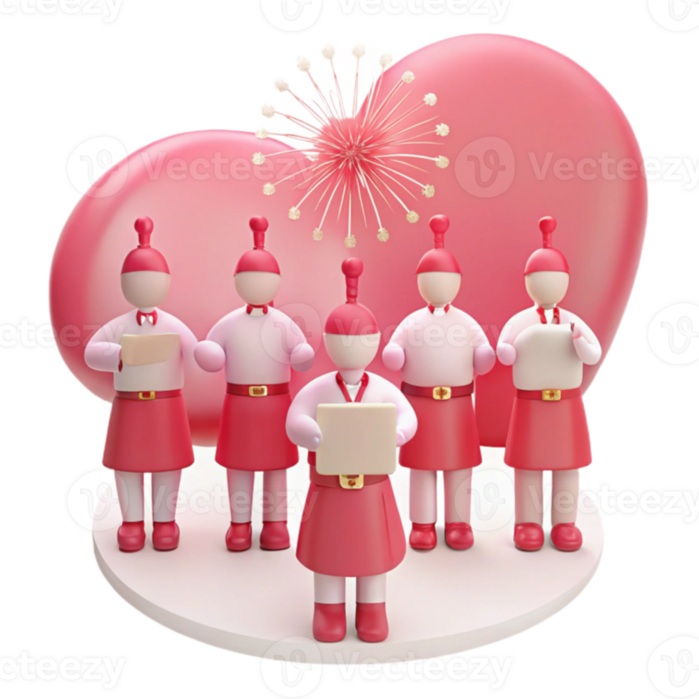 3D Cartoon Characters Choir Singing with Musical Notes and Heart Background png