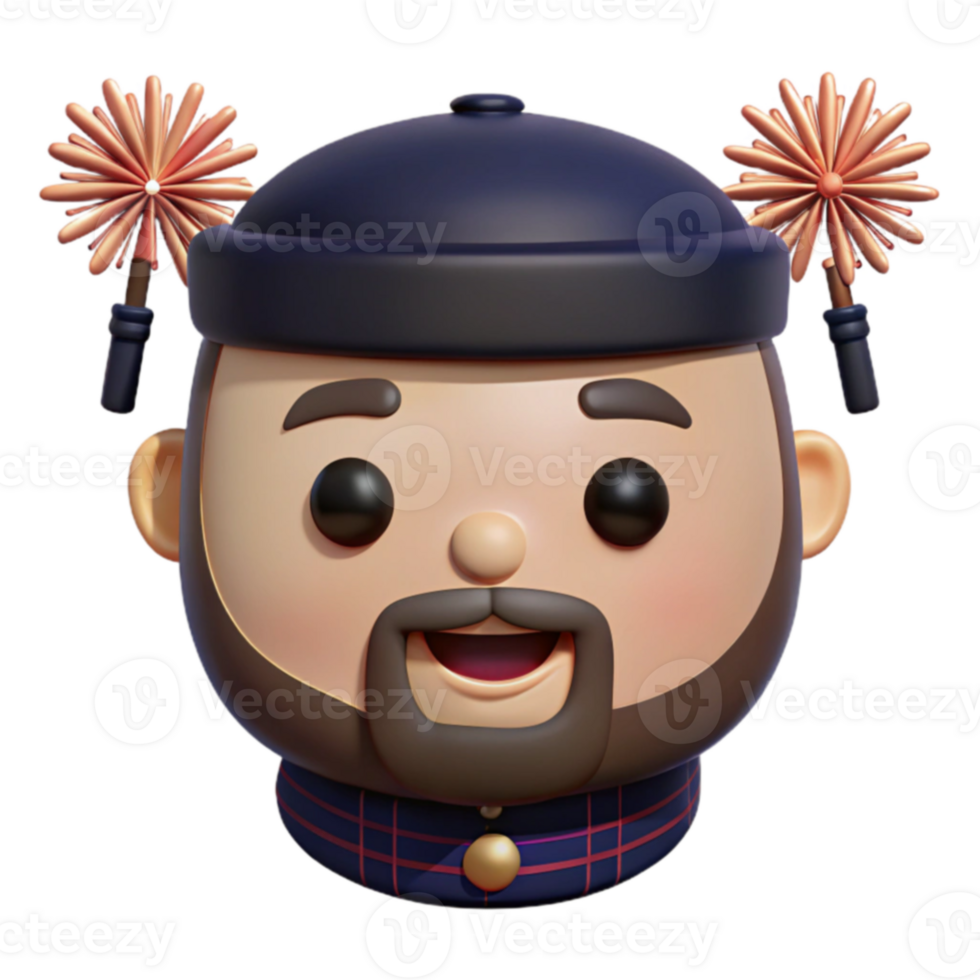 3D Character with a Smiling Expression and a Hat Wearing Feather Dusters png