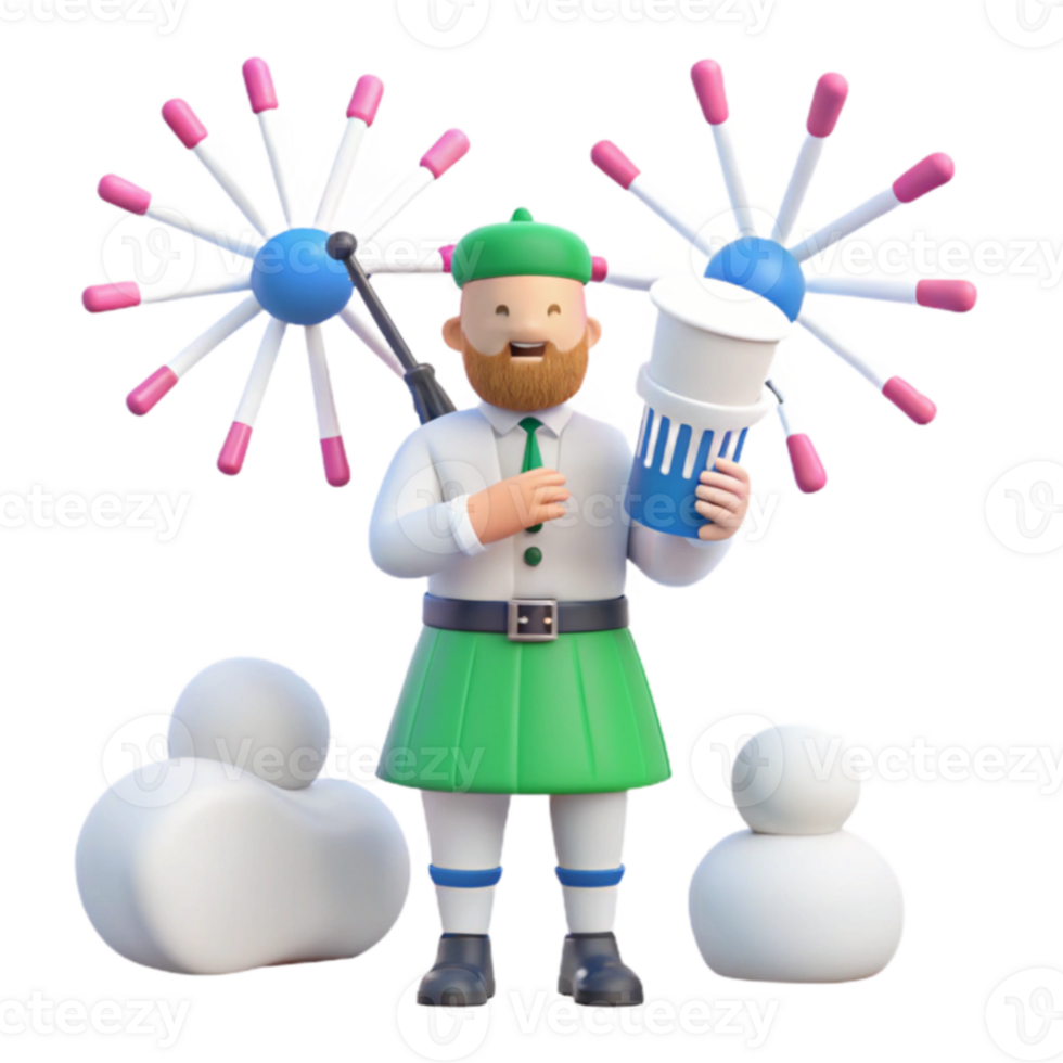 3D Cartoon Character in Kilt with a Bagpipe and a Cup of Popcorn png
