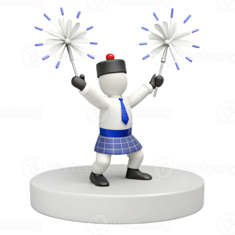Cheerful Cartoon Character in a Kilt Holding Two Wands png
