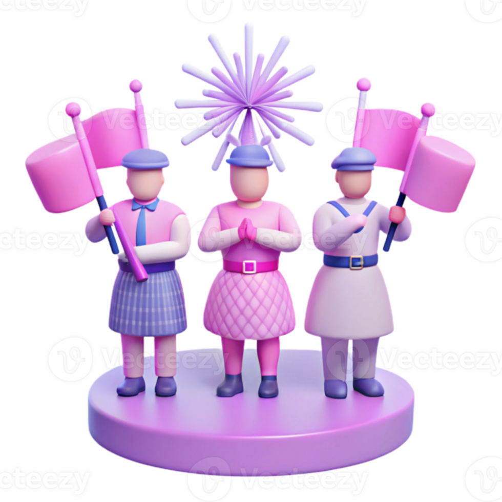 Three 3D Cartoon Characters Holding Flags png