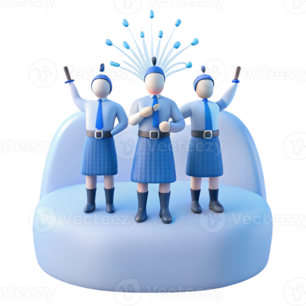 Three 3D Rendered Figures in Blue Uniforms Standing on a Platform with a Feathery Decoration png