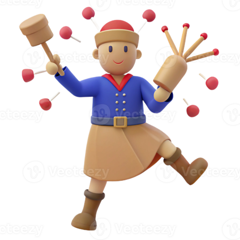 Cheerful 3D Character Juggling with Wooden Toys png