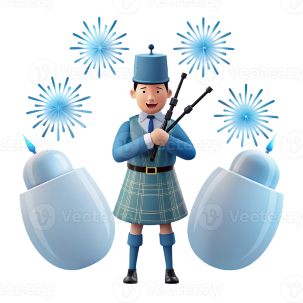 Bagpiper in Kilt with Fireworks and Candles png