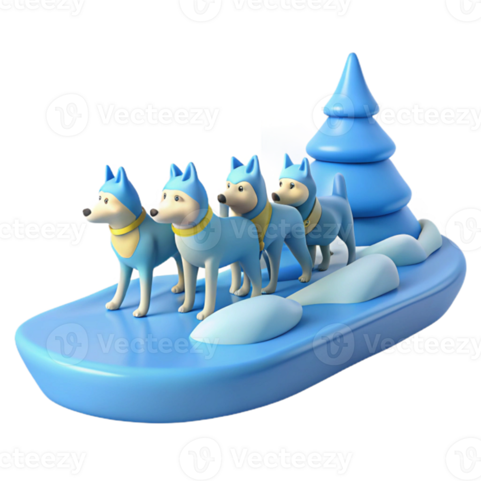3D Render of Four Huskies Pulling a Sled Through a Snowy Landscape png