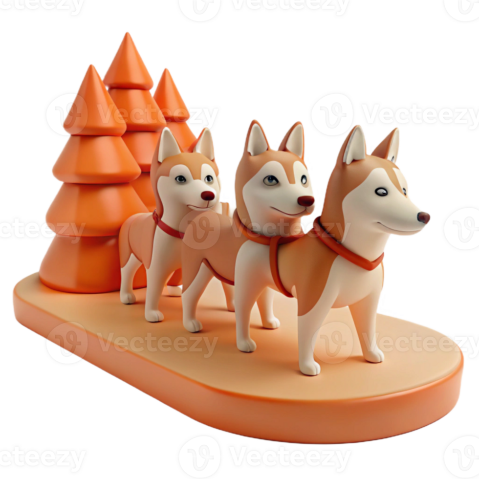 Three Cartoon Huskies Pulling a Sled in a Wintery Scene png