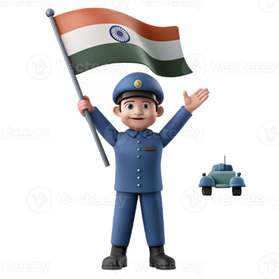 Celebrating National Pride A 3D Illustration of a Soldier Holding the Indian Flag png