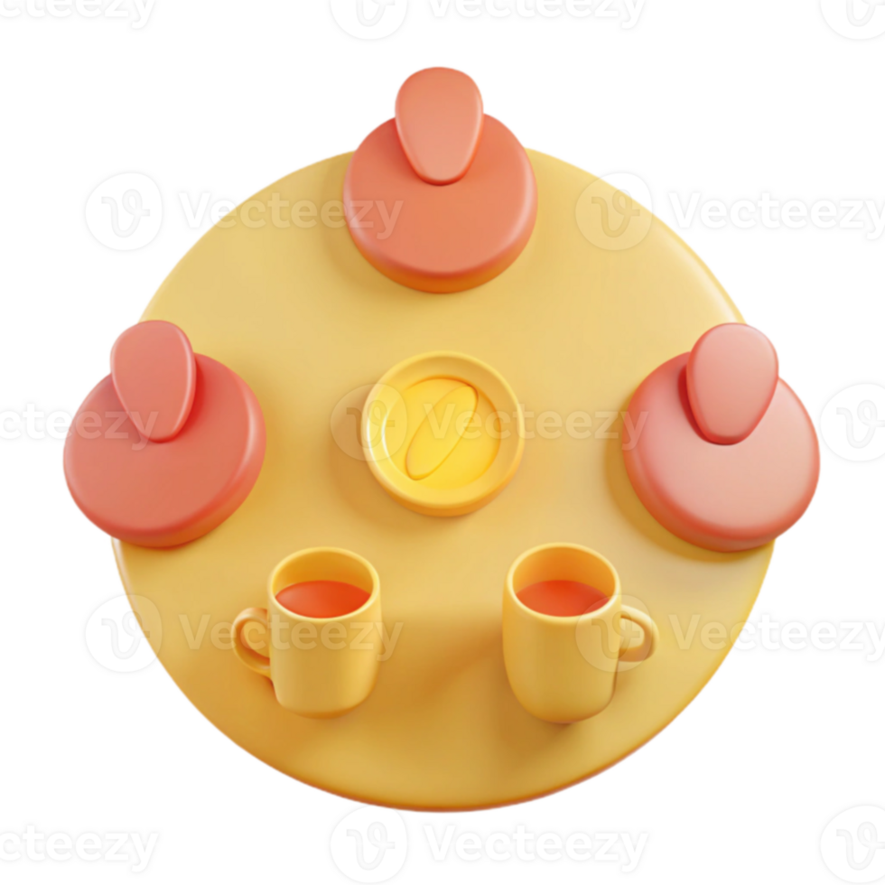 3D Render of a Yellow Table with Two Cups of Coffee and Three Plates png