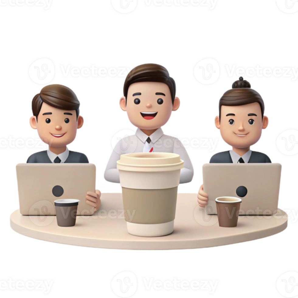 Teamwork Three Colleagues Collaborating on Laptops and Enjoying Coffee png