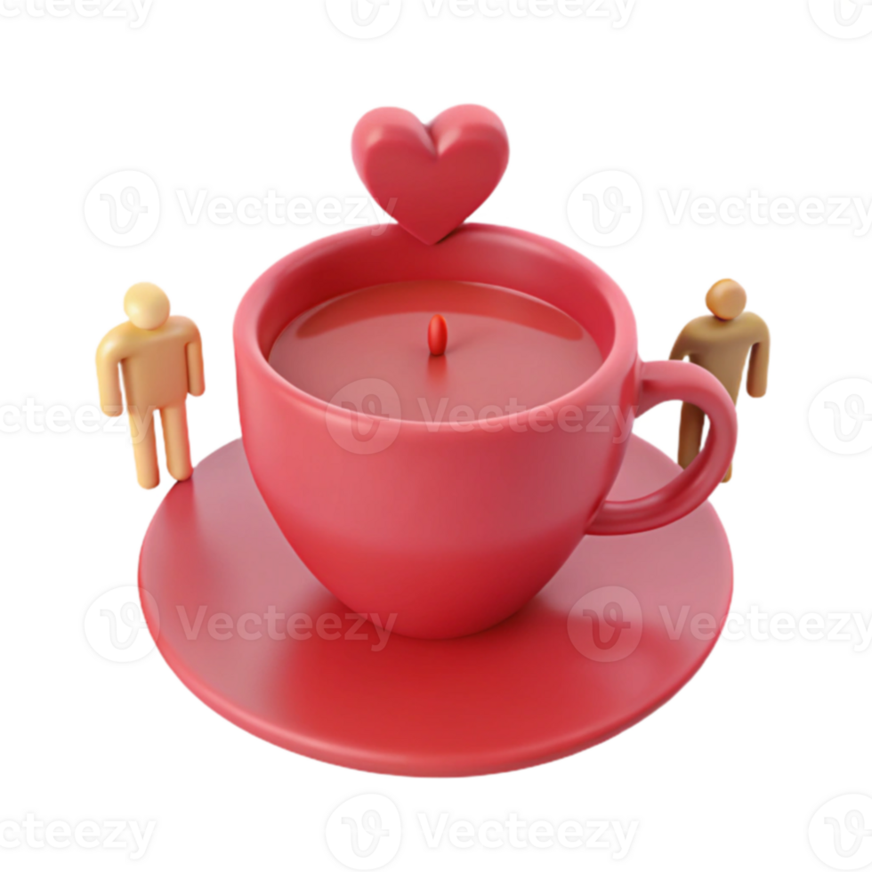 3D Render of a Red Coffee Cup with a Heart on Top and Two Figures png