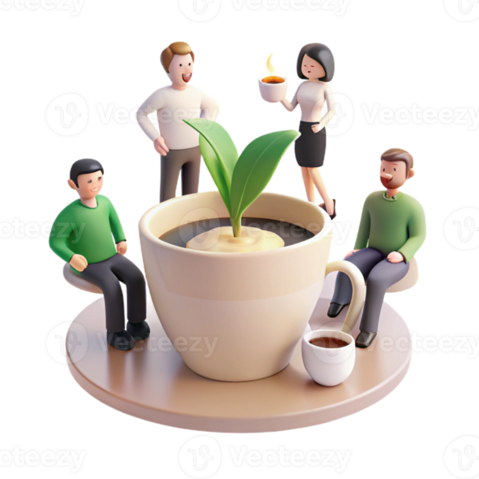 Tiny People Gathering Around Giant Coffee Cup with Growing Plant png