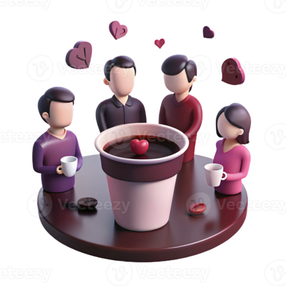 Friends Gather Around a Large Cup of Coffee with Hearts Floating Above png
