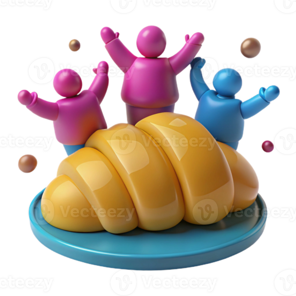3D Render of Colorful Characters Celebrating on a Croissant png