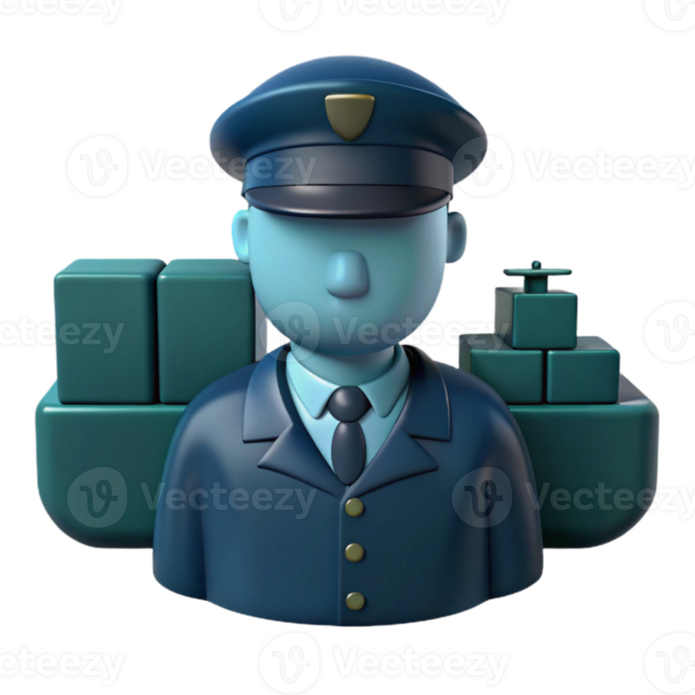 3D Illustration of a Ship Captain in Uniform with Cargo Containers png