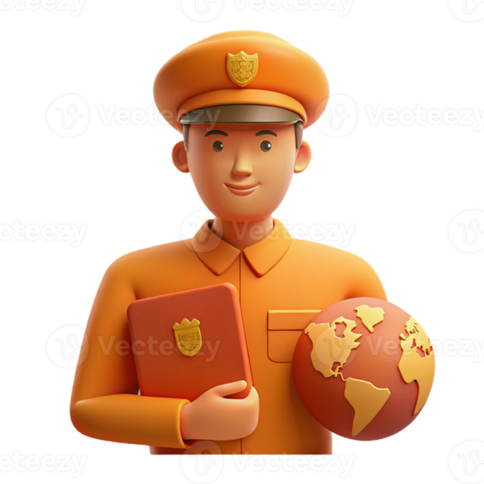 3D Illustration of a Security Officer Holding a Globe and a Passport png
