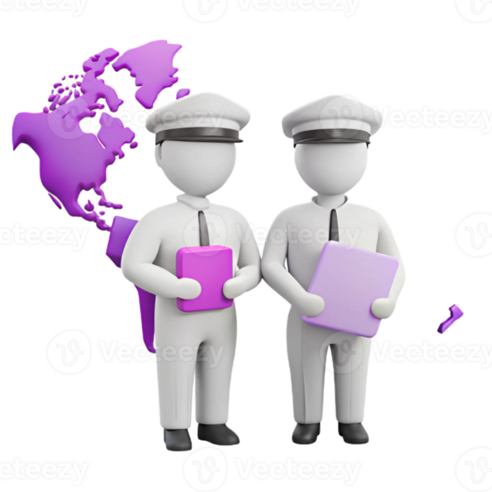 Two Figures Holding Documents in Front of World Map png