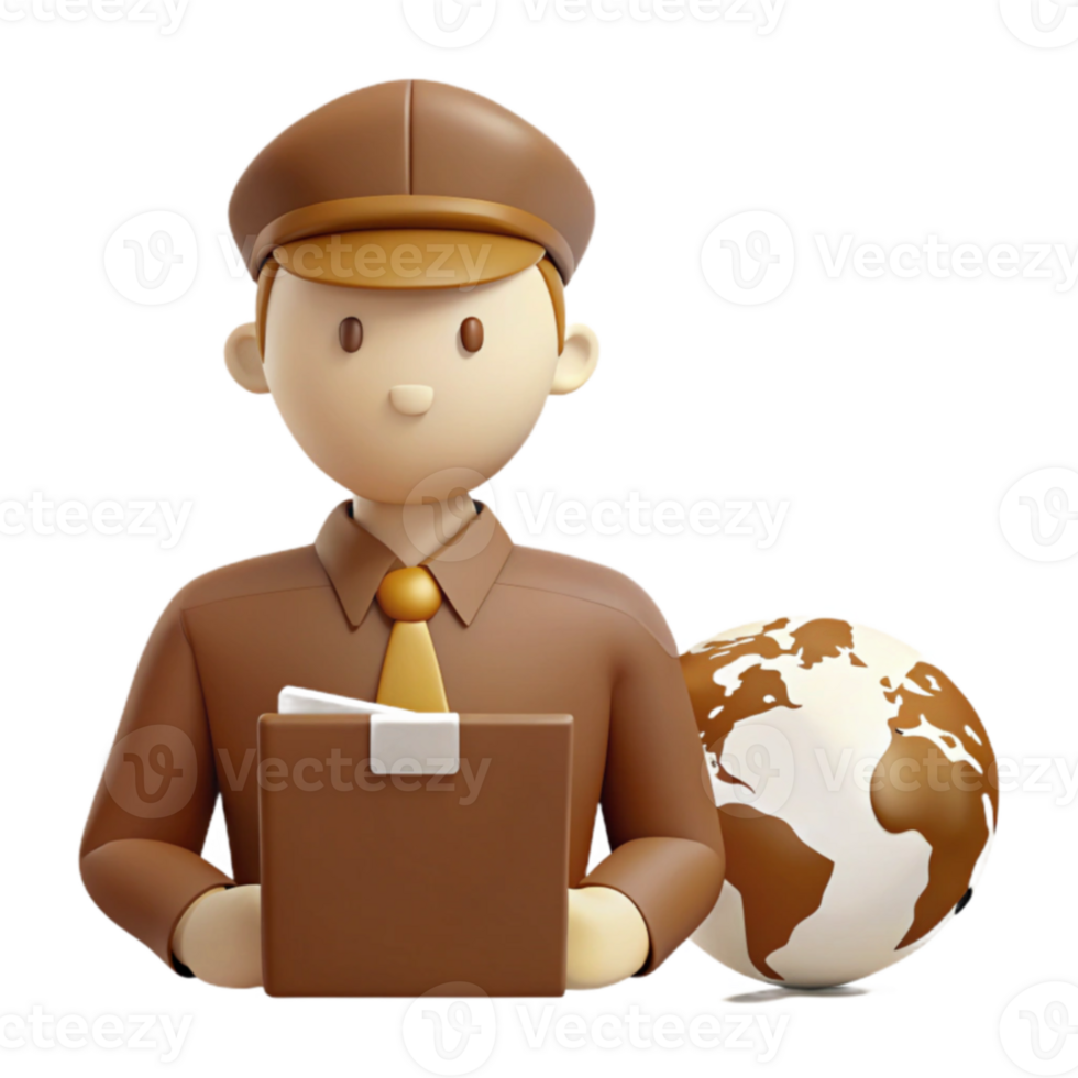 Global Delivery A 3D Illustration of a Delivery Person with a Clipboard and a Globe png