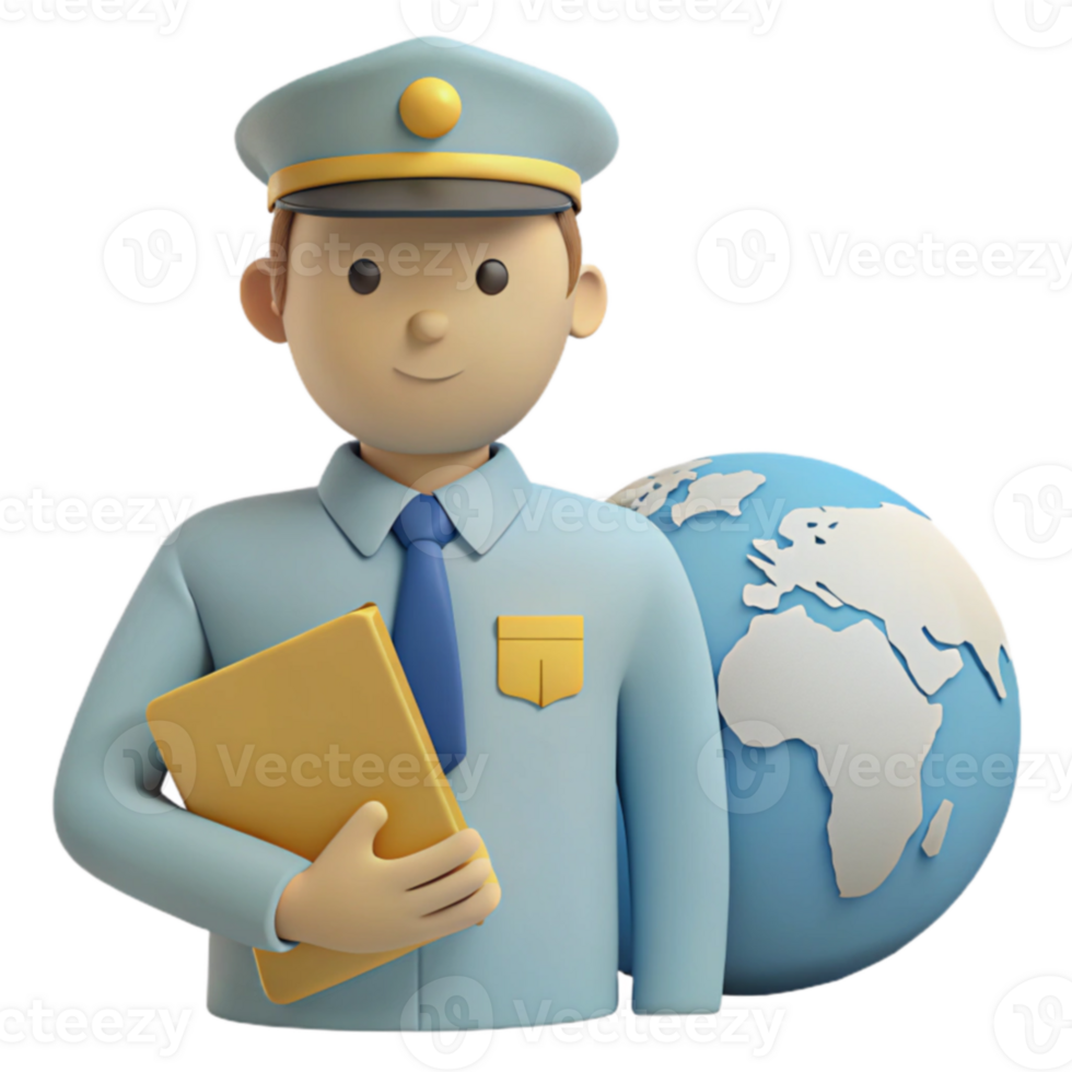3D Illustration of a Customs Officer Holding a Folder Next to a Globe png