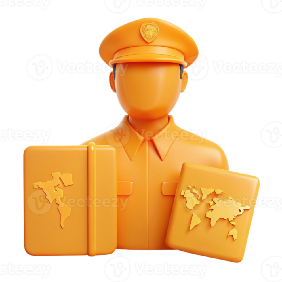 3D Illustration of a Security Officer Holding a Passport and a World Map png