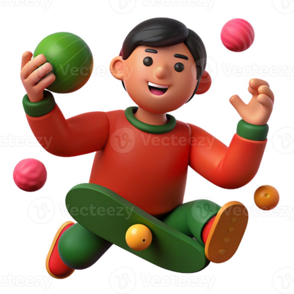 Joyful Cartoon Character Riding Skateboard and Juggling Balls png