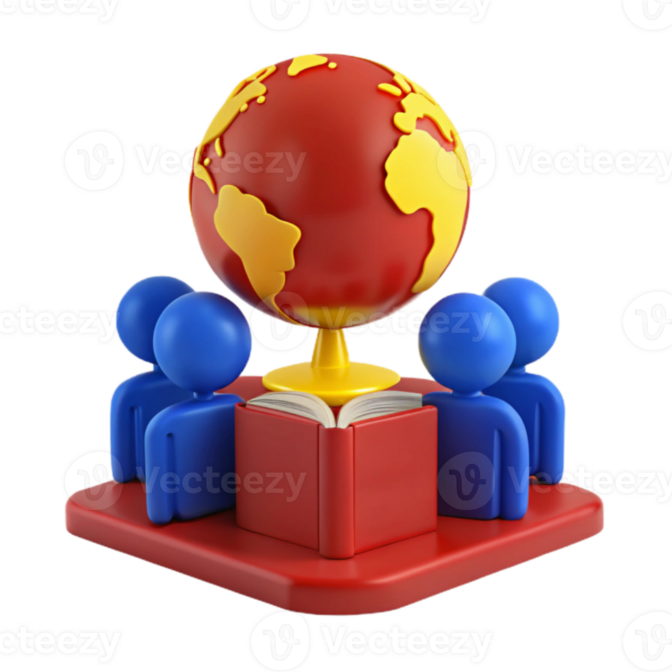 Global Learning People Surrounding an Open Book with a Globe on Top png