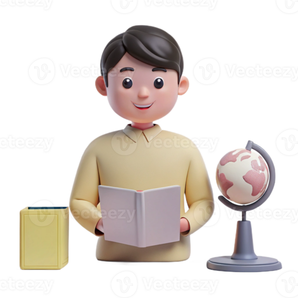 Smiling Cartoon Boy Holding a Book and Standing Next to a Globe png