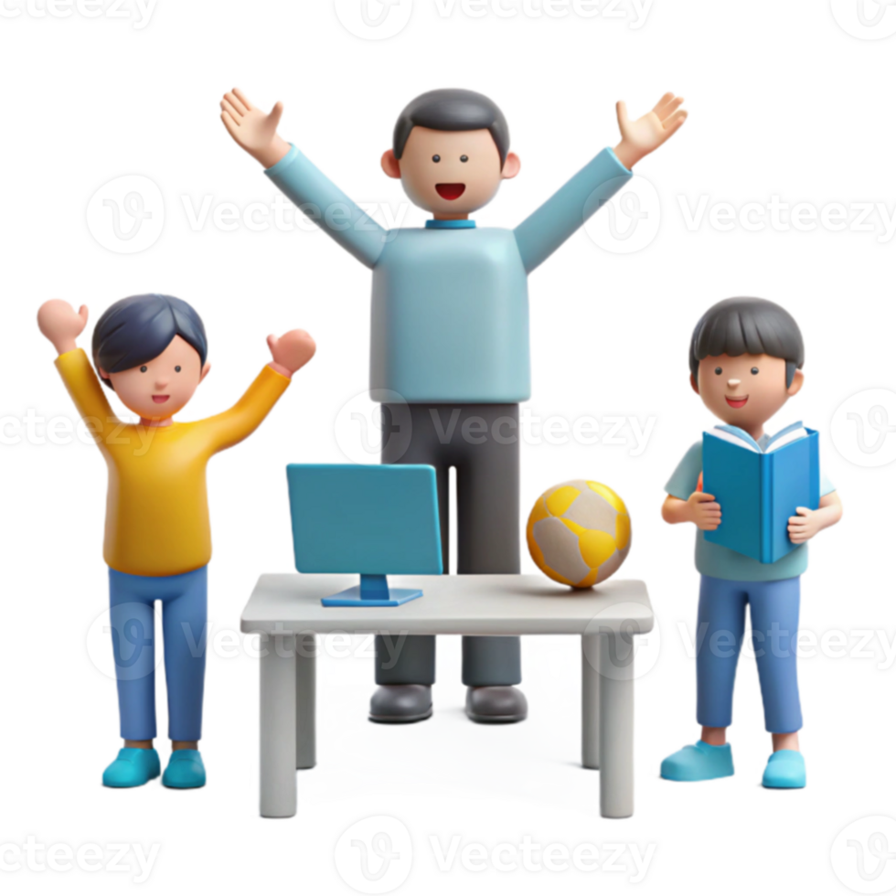 Happy Family with Different Interests A Computer, a Book, and a Ball png