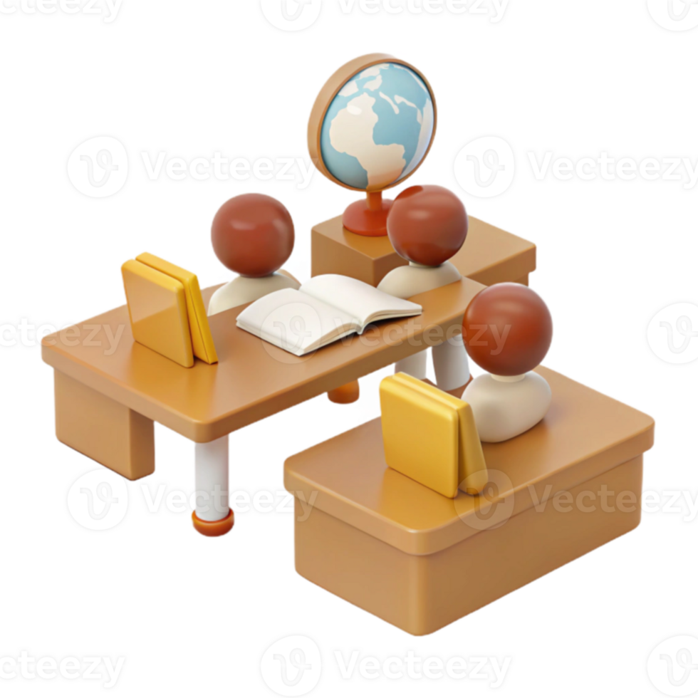 3D Render of Students Sitting at Desks in a Classroom Setting png