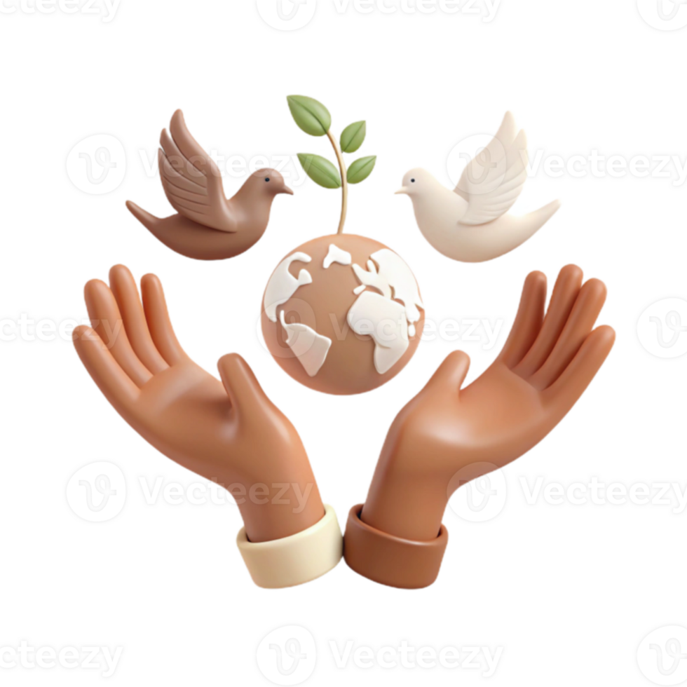 Protecting Our Planet A 3D Illustration of Hands Holding the Earth, Surrounded by Birds and a Sprouting Plant png