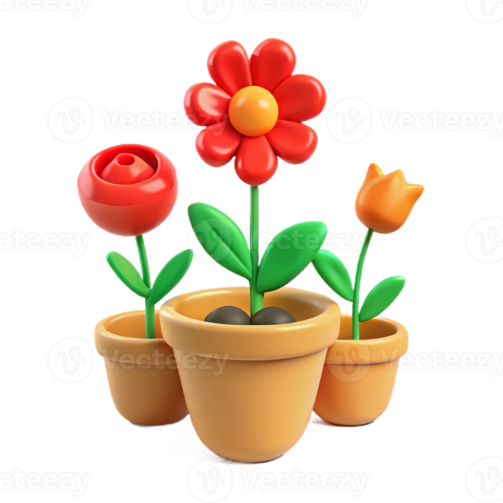 3D Cartoon Flowers in Pots png