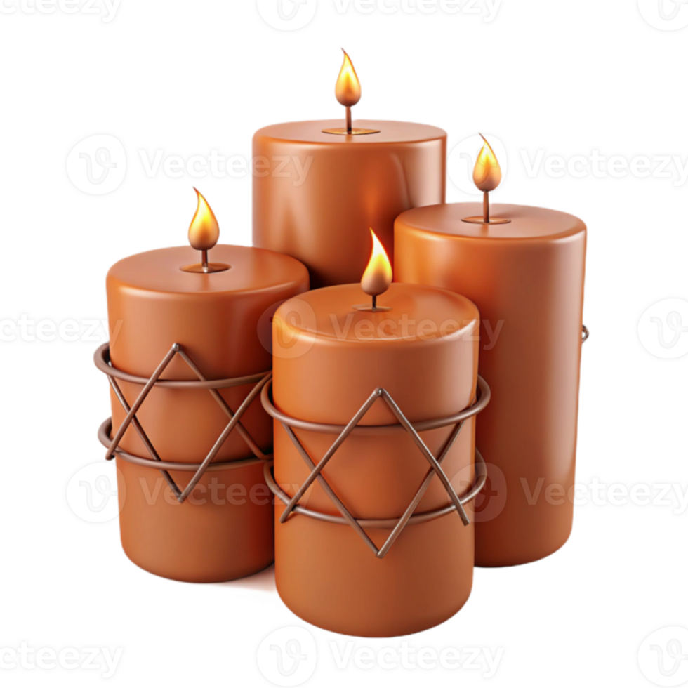 Four Brown Candles with Copper Wire Holders Burn Brightly for a Warm and Relaxing Ambiance png