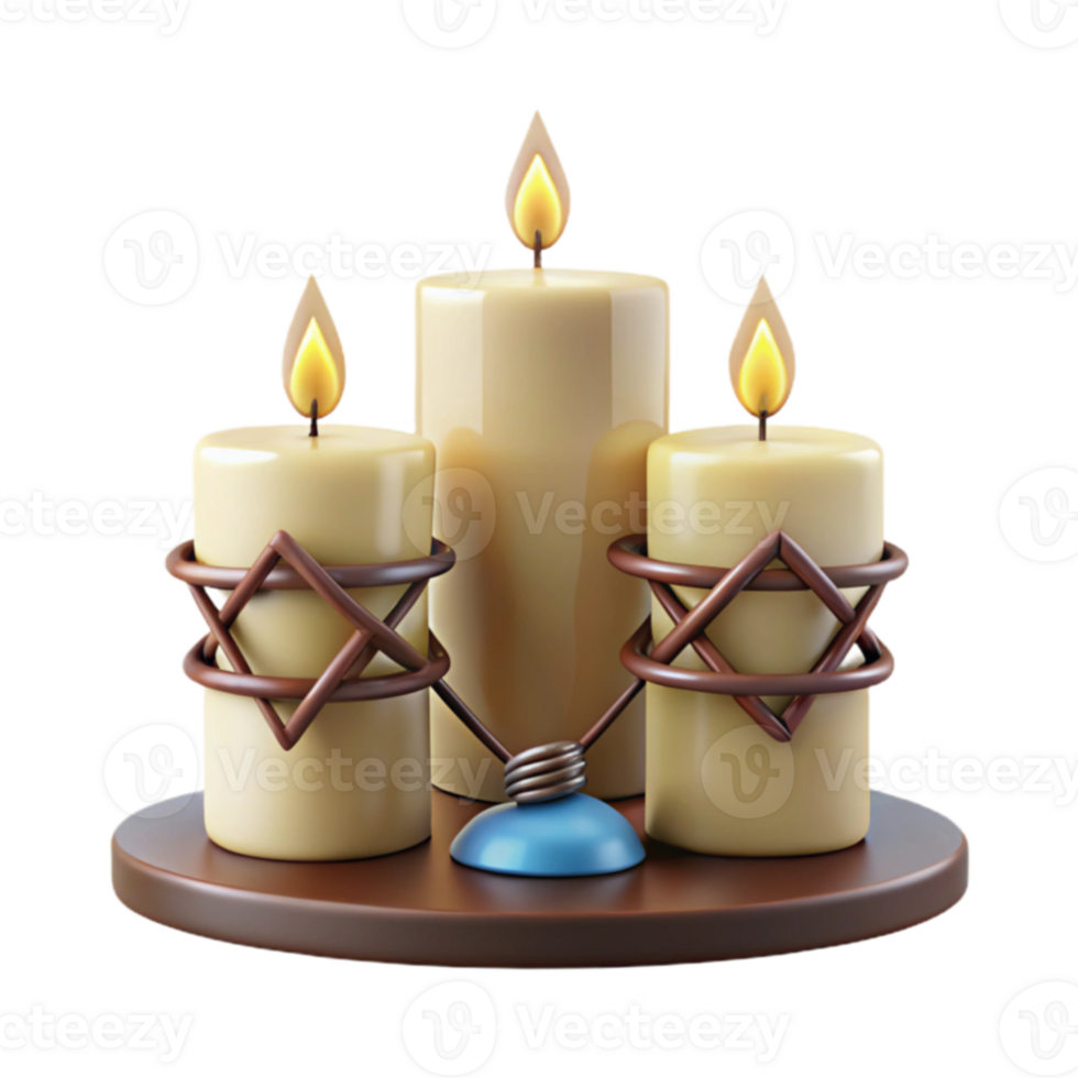 Three Candles in a Wooden Holder with Star of David Designs png