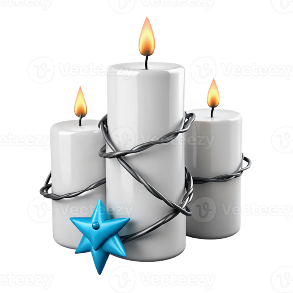 Three White Candles Wrapped in Wire with a Blue Star png