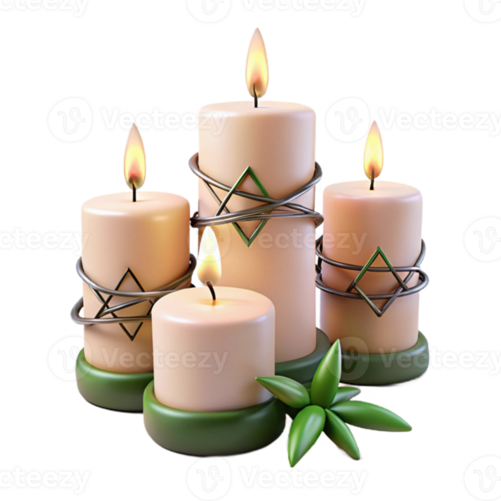Four Burning Candles with Green Leaf Decoration png