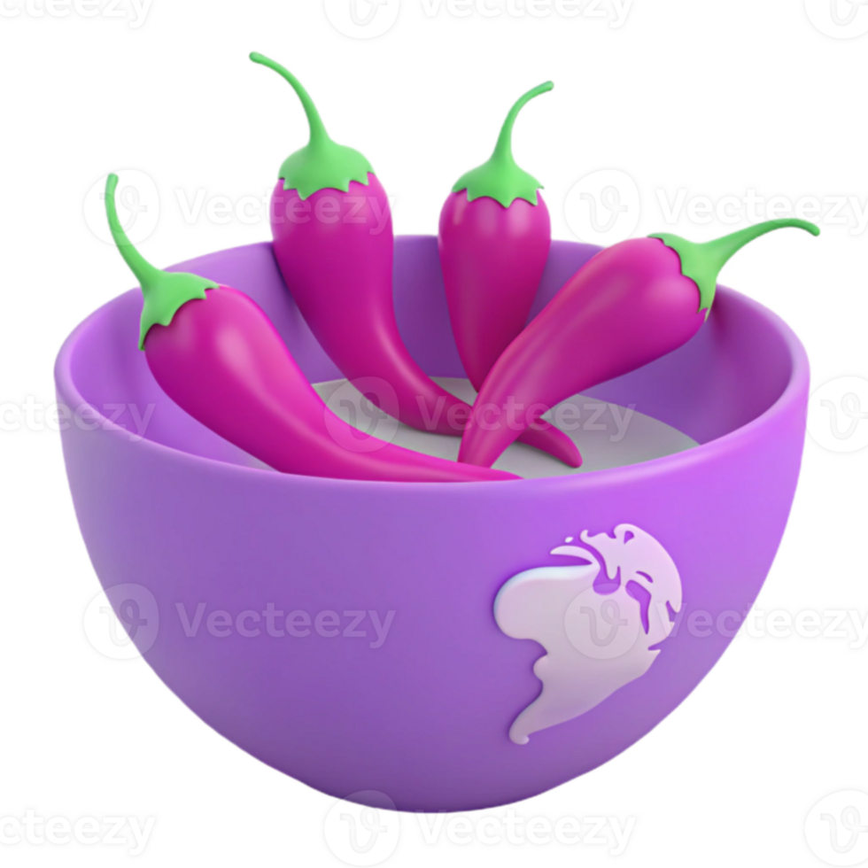 Purple Bowl with Spicy Red Peppers and a Globe Design png