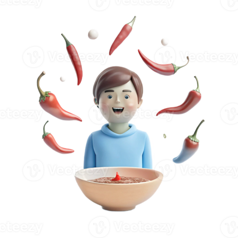 Smiling 3D Character Holding a Bowl of Chili Sauce Surrounded by Chilis png