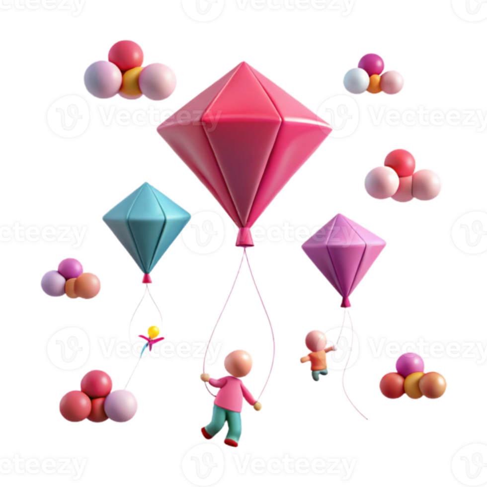 3D Rendered Illustration of Colorful Balloons with Little Figures Hanging from Them png