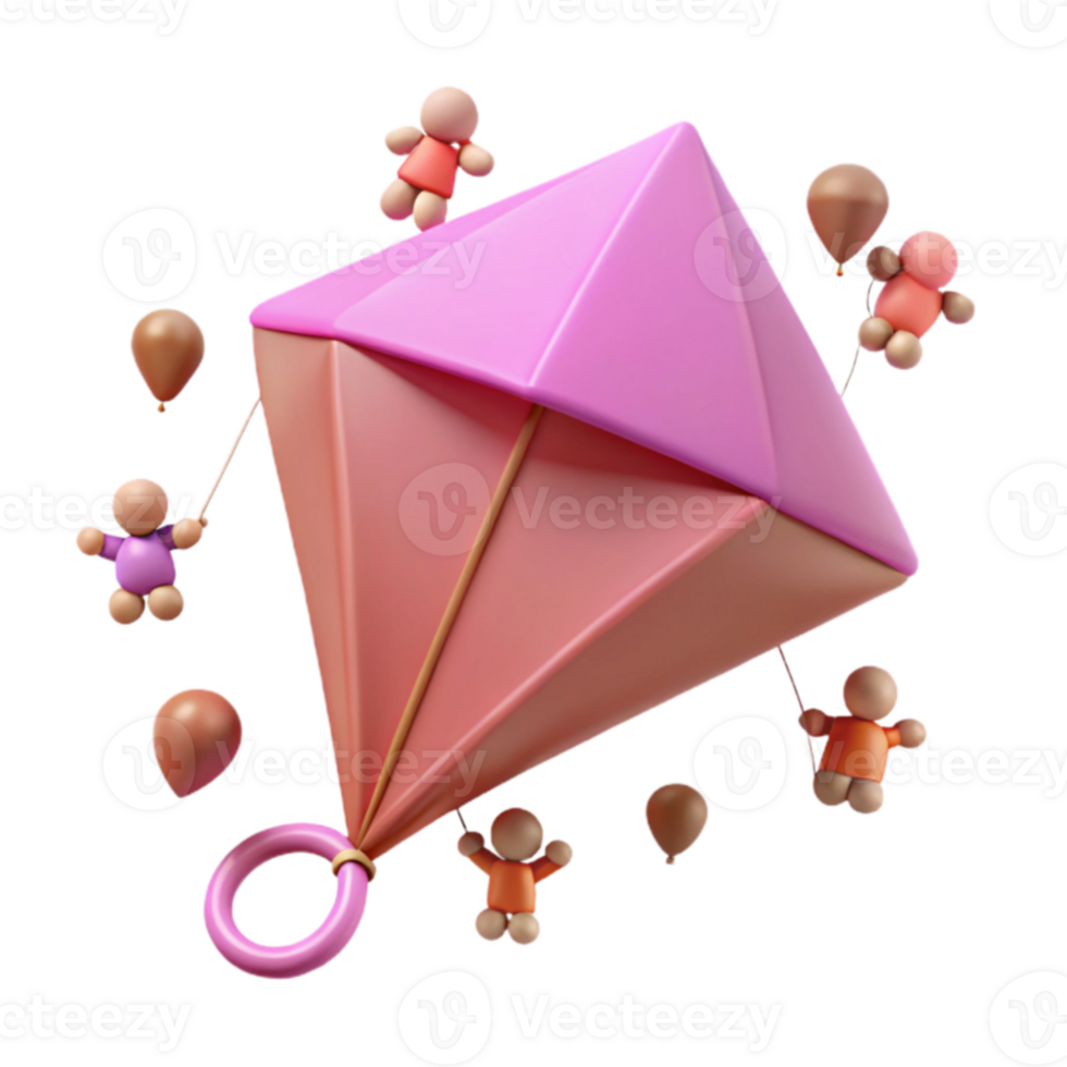 3D Rendered Illustration of Colorful Kite with Little People Holding Balloons png