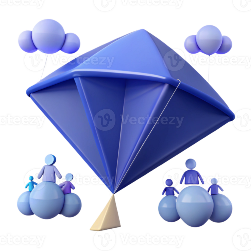 Blue Diamond Shaped Balloon with People and Clouds png