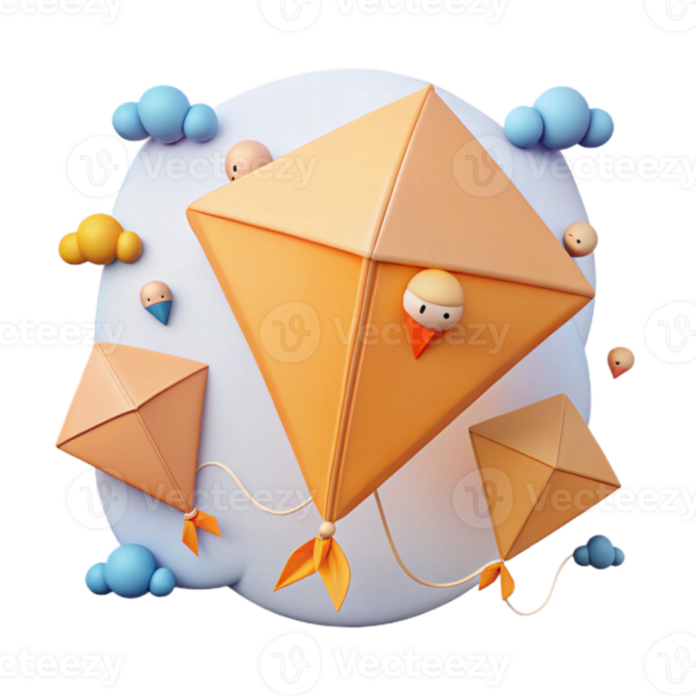 3D Rendered Kite Flying Illustration with Clouds png