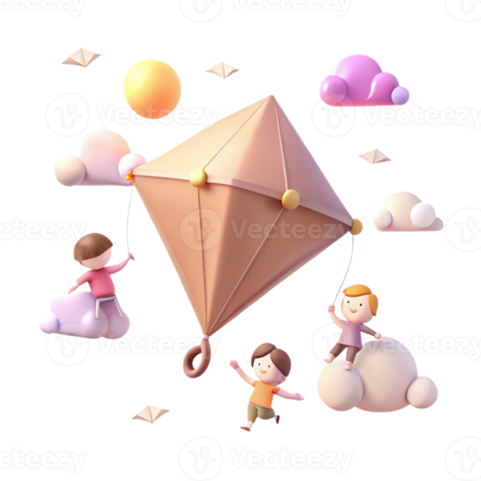 Three Children Playing with a Kite in the Sky png