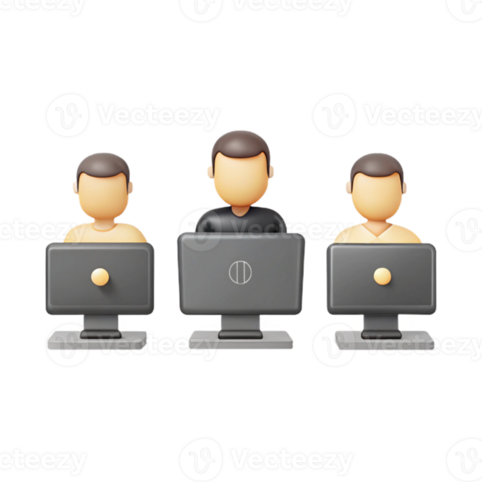 Teamwork and Collaboration 3D Illustration of Three People Working on Computers png